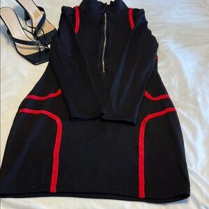 Chic Black Body Con Dress with Red Trim